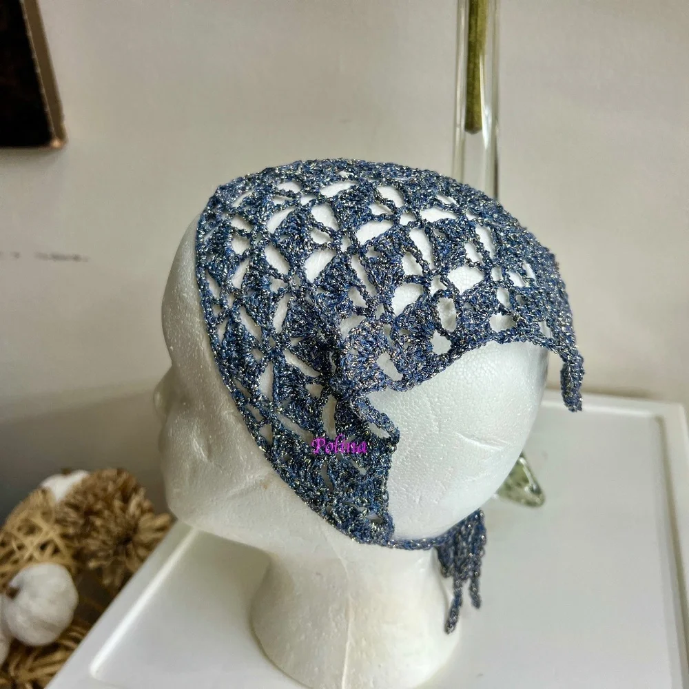 Hand made triangle cotton bandana head scarf cotton grey/bluish w/silver lurex